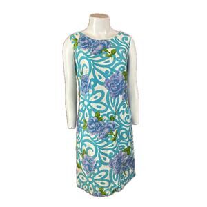 Vintage 60s Blue Swirl Floral Cotton Shift Dress sleeveless Screen Printed XS -